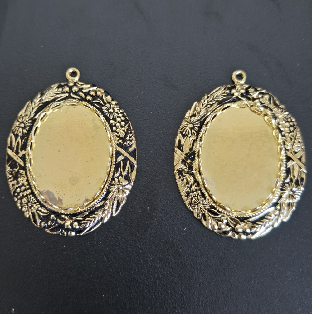 Gold Plated Black Vintage Floral Oval Cabochon Pedant Blank Jewelry Making 2 Pc